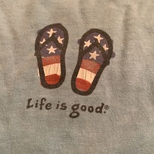 Life is Good Red, White and Blue Flip Flop Short sleeve light blue t-shirt